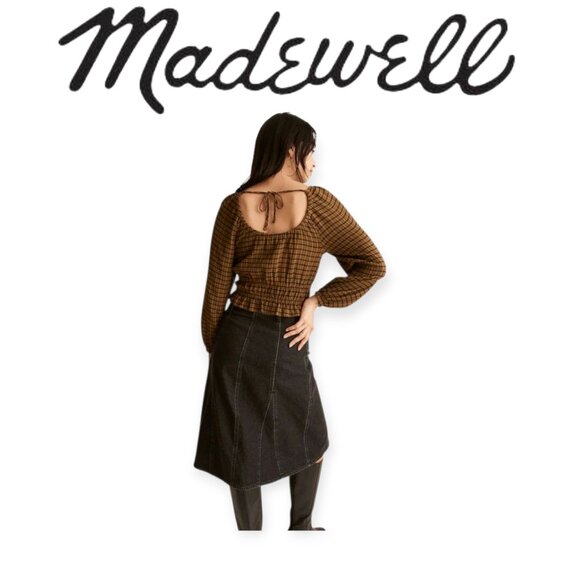 Madewell Tie-Back Cutout Puff Sleeve Top in Plaid in Spiced Olive size S EUC - Picture 1 of 16